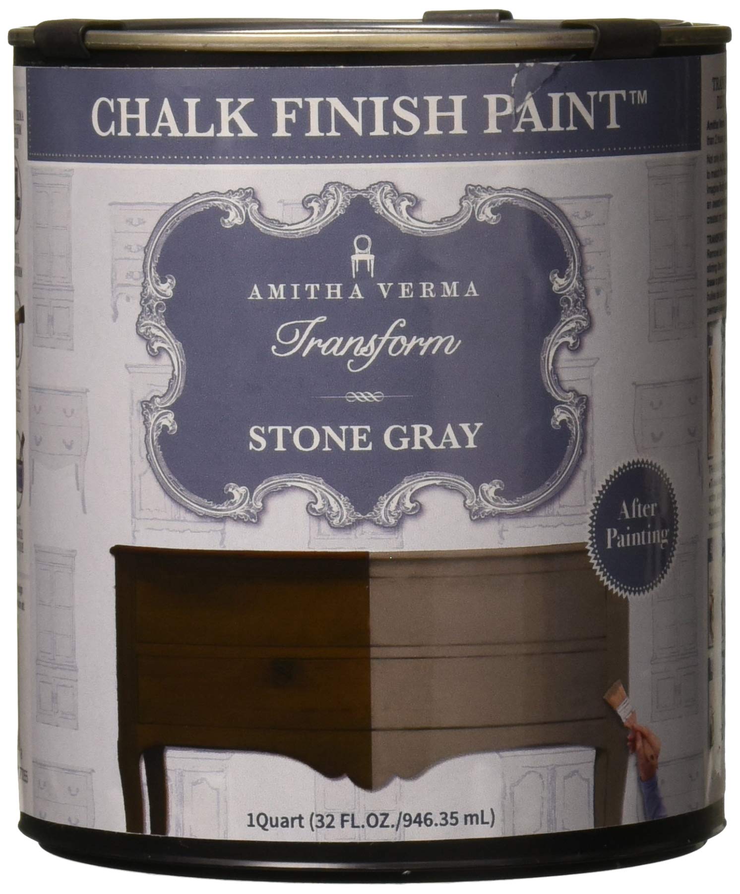 Amitha Verma, Amitha Verma Chalk Finish Paint, No Prep, One Coat, Fast Drying | DIY Makeover for Cabinets, Furniture & More, 1 Quart, (Stone Gray)