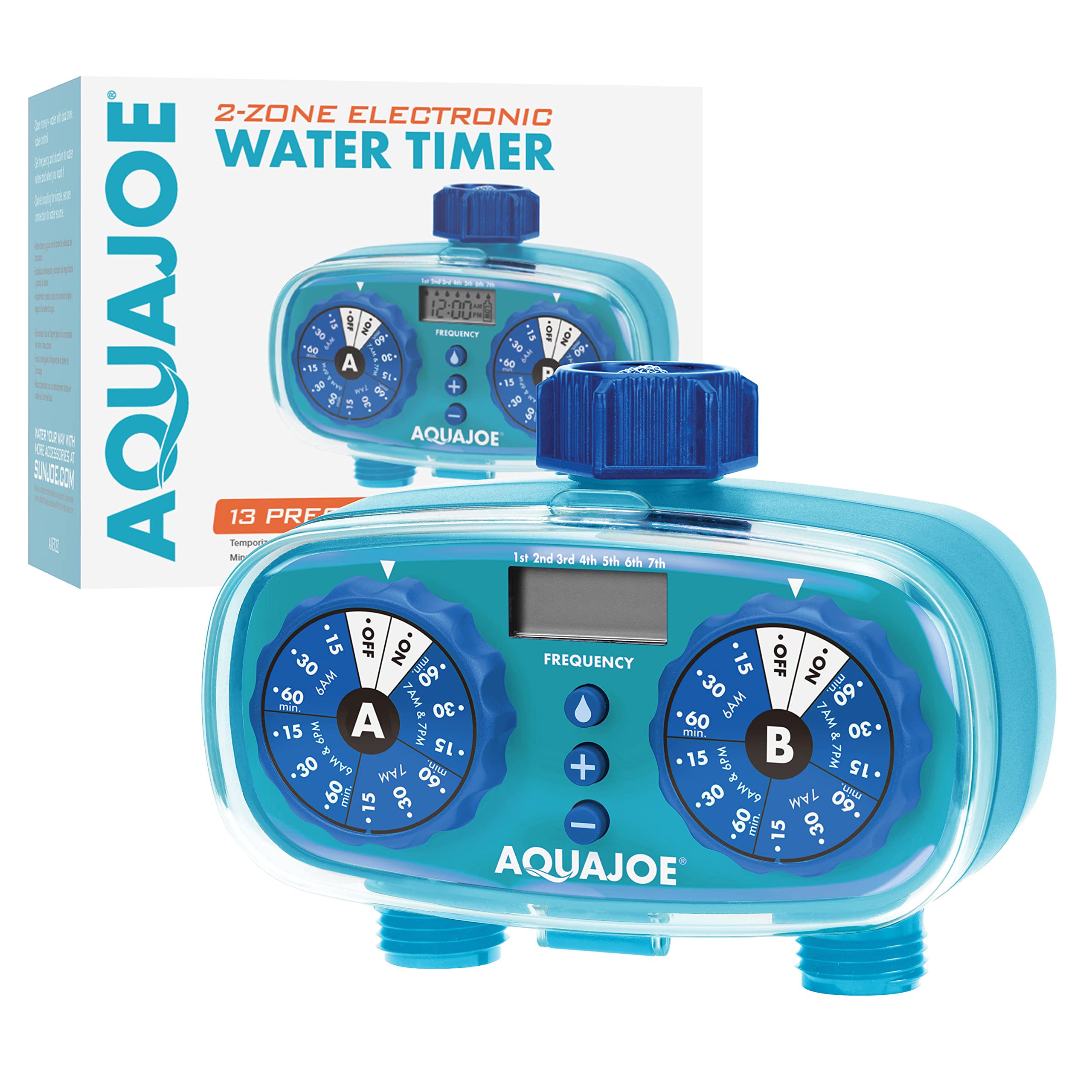 Aqua Joe, Aqua Joe AJ-ET2Z Minuterie électronique facile à 2 zones avec 13 programmes préréglés, affichage LCD, contrôle de la fréquence maximale