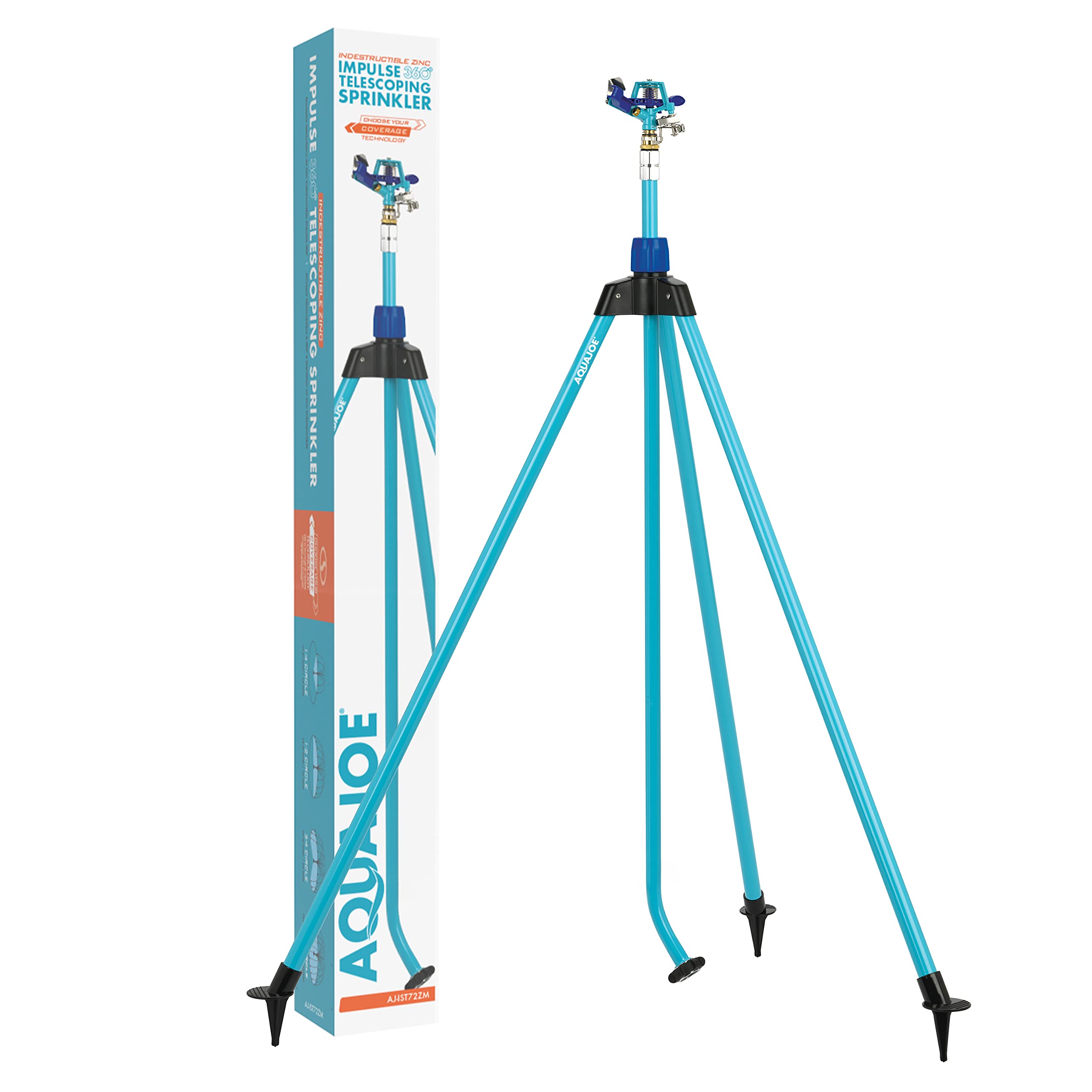 Aqua Joe, Aqua Joe AJ-IST72ZM Indestructible Zinc Impulse 360-Degree Telescoping Tripod Sprinkler | Customizable Coverage | Extends from 42-72-inches | 1390 sq ft Max Coverage