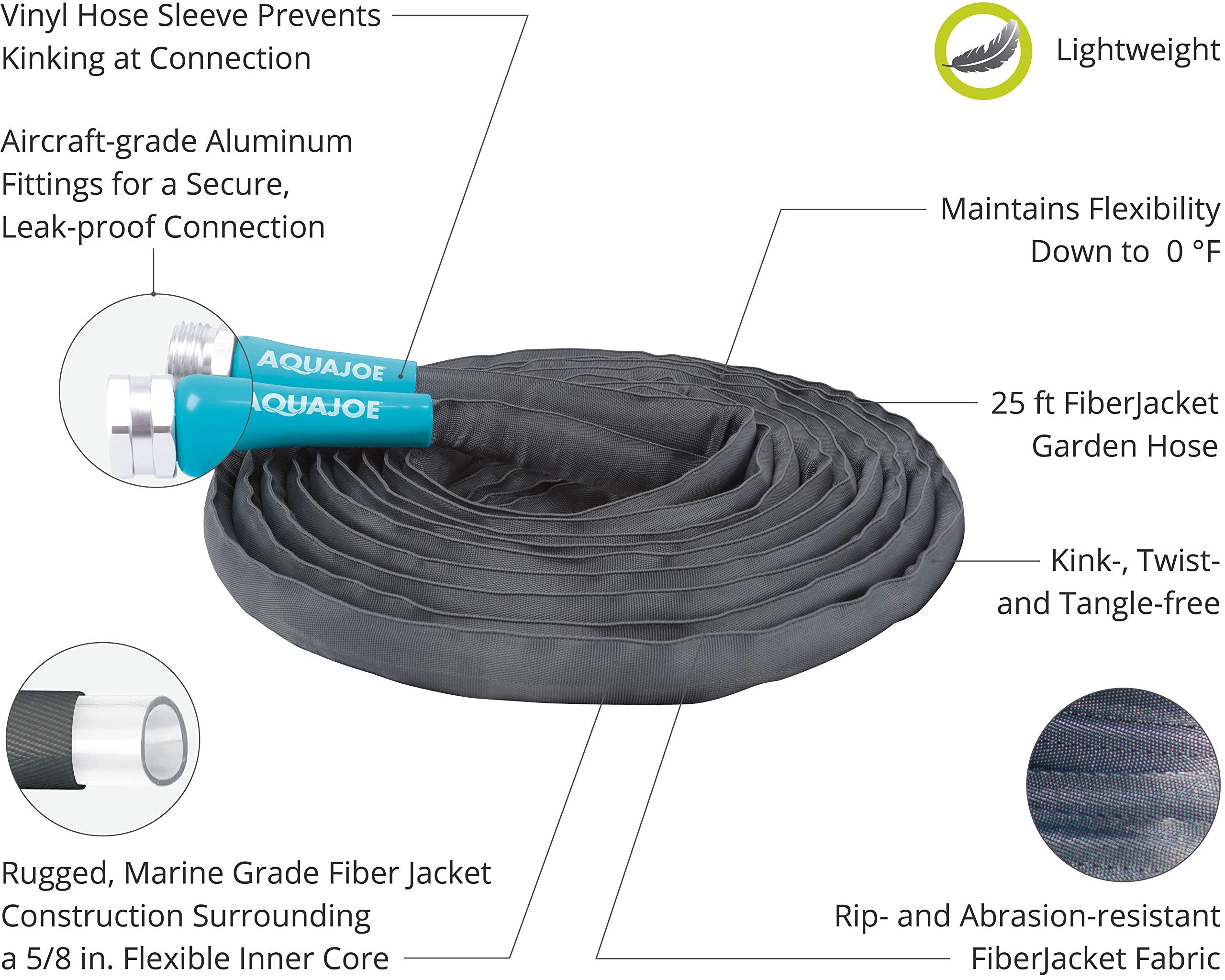 Aqua Joe, Aqua Joe AJFJH25-58-PRO FiberJacket Tuyau de jardin, VR, marine et camping-car, ultra-léger, sans danger pour l'eau potable, ft, 25-Foot x 5/8-Inch, non extensible et sans noeud