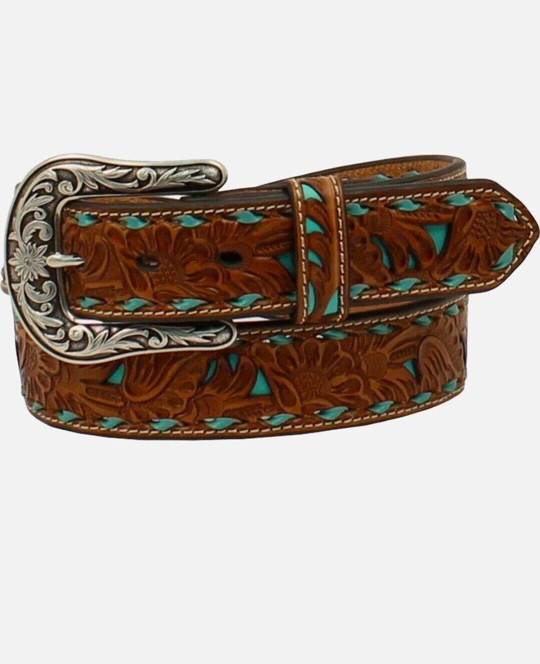 M+F MANUFACTURING, Ceinture Nocona pour femmes, marron gaufré avec incrustation de turquoise