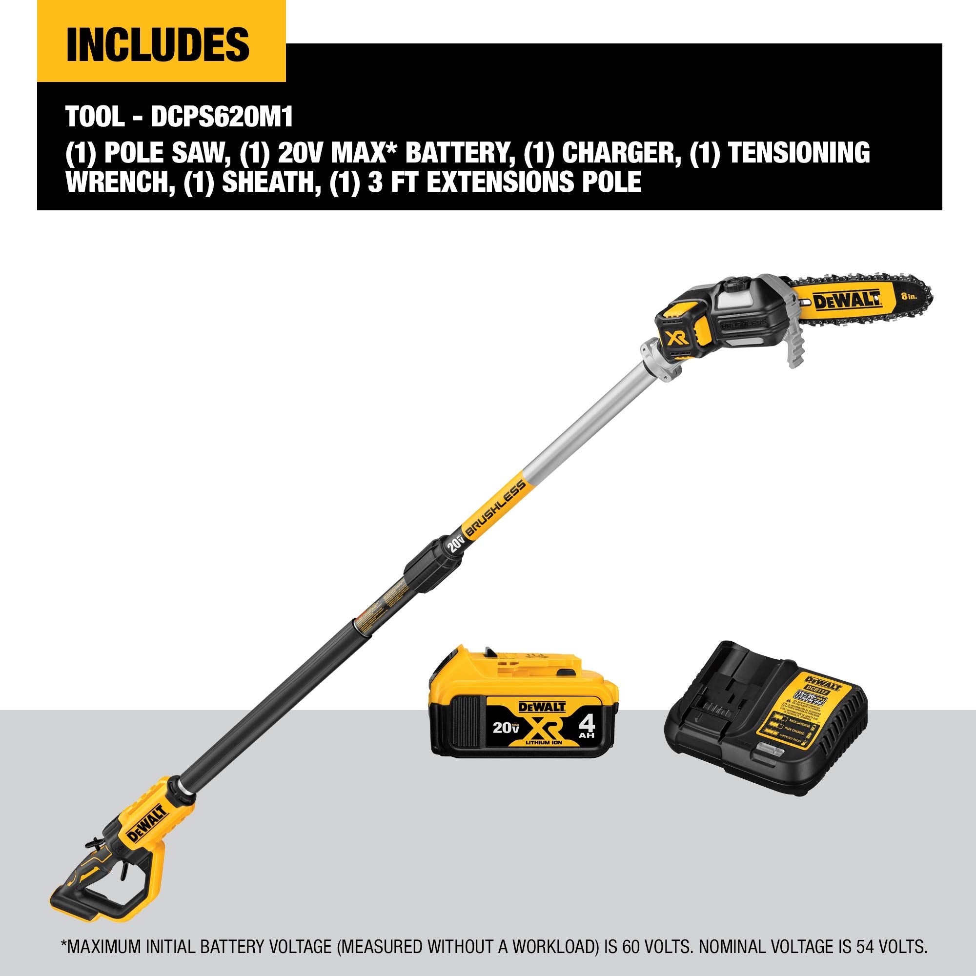 DEWALT, DEWALT 20V MAX 8in. Kit de scie à perche sans fil à batterie avec (1) batterie 4Ah, chargeur et gaine