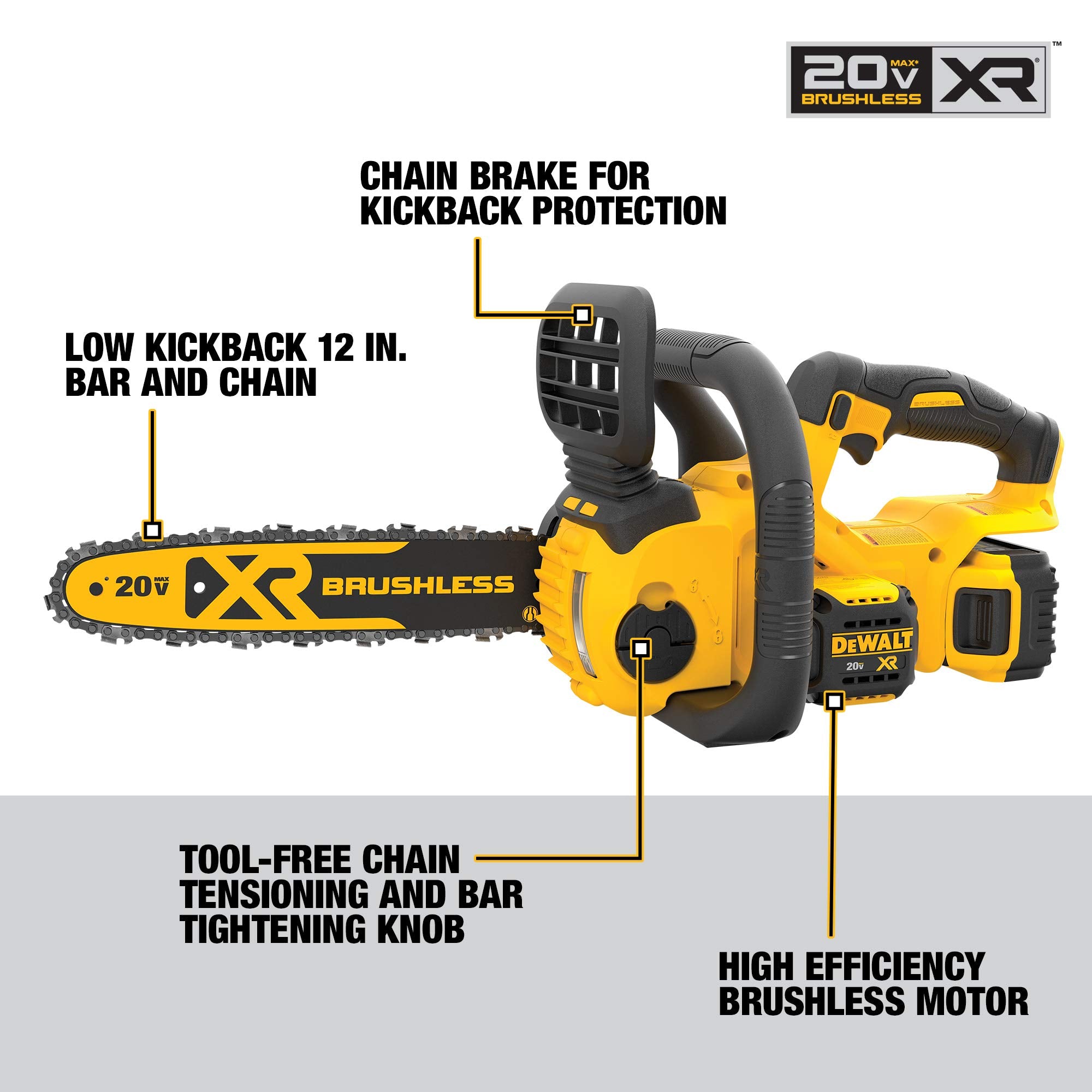 DEWALT, DEWALT 20V MAX* XR Chainsaw Kit, 5-Ah Battery, 12-Inch (DCCS620P1) [ENLEVEMENT LOCAL UNIQUEMENT]