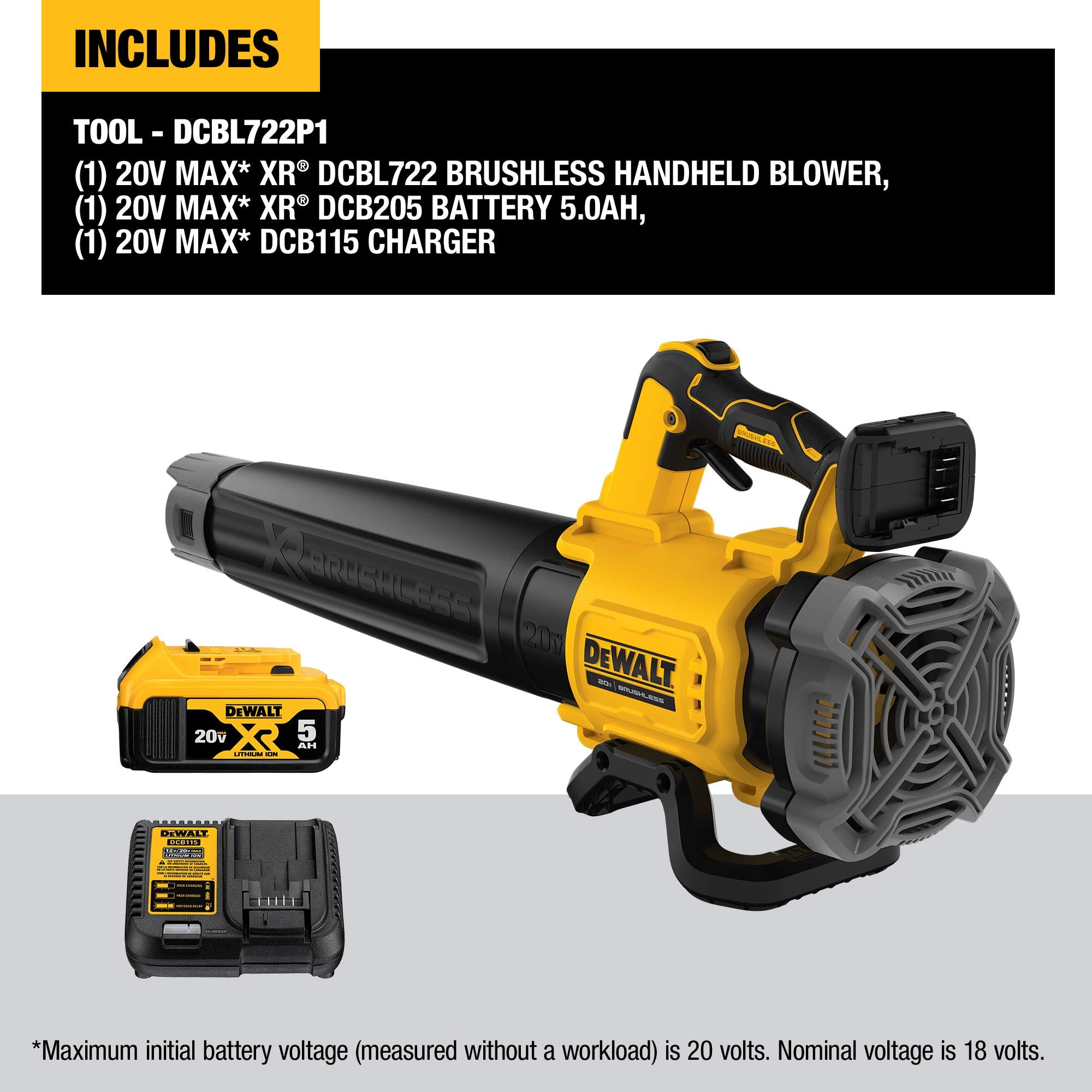 DEWALT, DEWALT 20V MAX* XR Souffleur de feuilles, 125-MPH, 450-CFM (DCBL722P1)