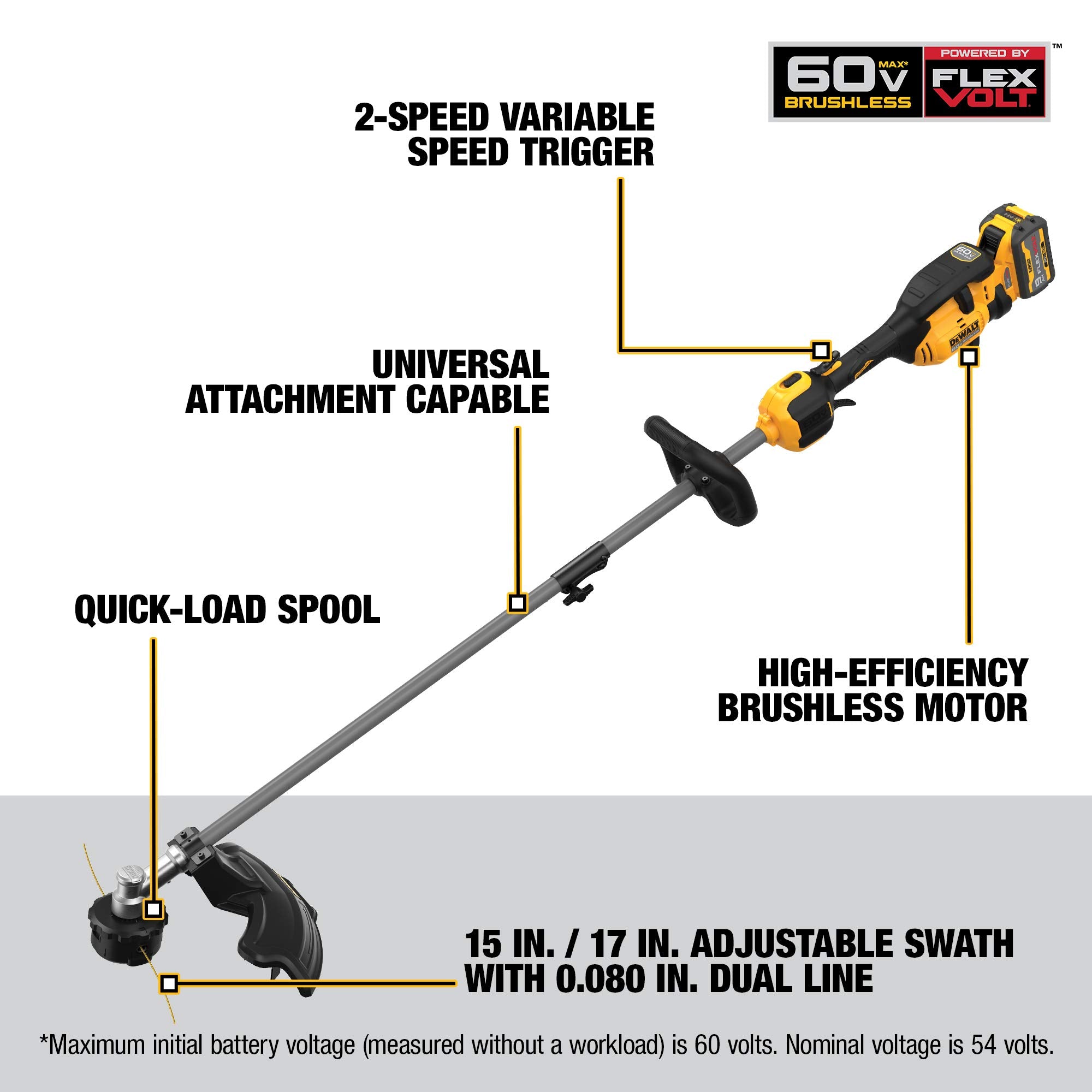 DEWALT, DEWALT DCST972X1 FLEXVOLT 60-Volt MAX Lithium- Ion Débroussailleuse électrique sans fil avec accessoires