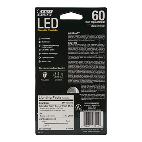 Feit Electric, Feit Electric BPCTC60/827/LED/2 Ampoule de lustre décorative à filament de verre clair, à LED, dimmable, 60 watts équivalent blanc doux, pointe torpédo (2 pack), candélabre, 60 watts équivalent