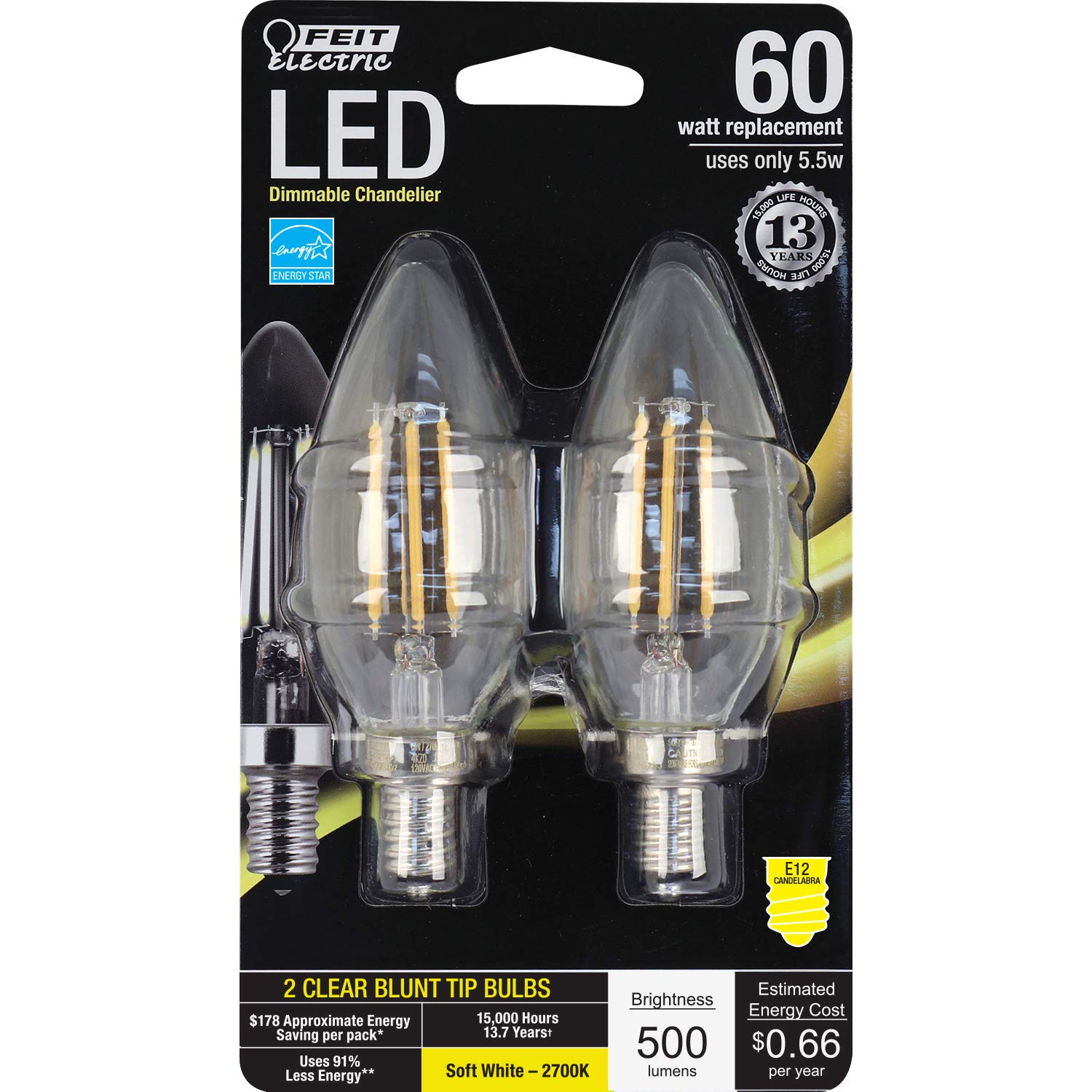 Feit Electric, Feit Electric BPCTC60/827/LED/2 Ampoule de lustre décorative à filament de verre clair, à LED, dimmable, 60 watts équivalent blanc doux, pointe torpédo (2 pack), candélabre, 60 watts équivalent