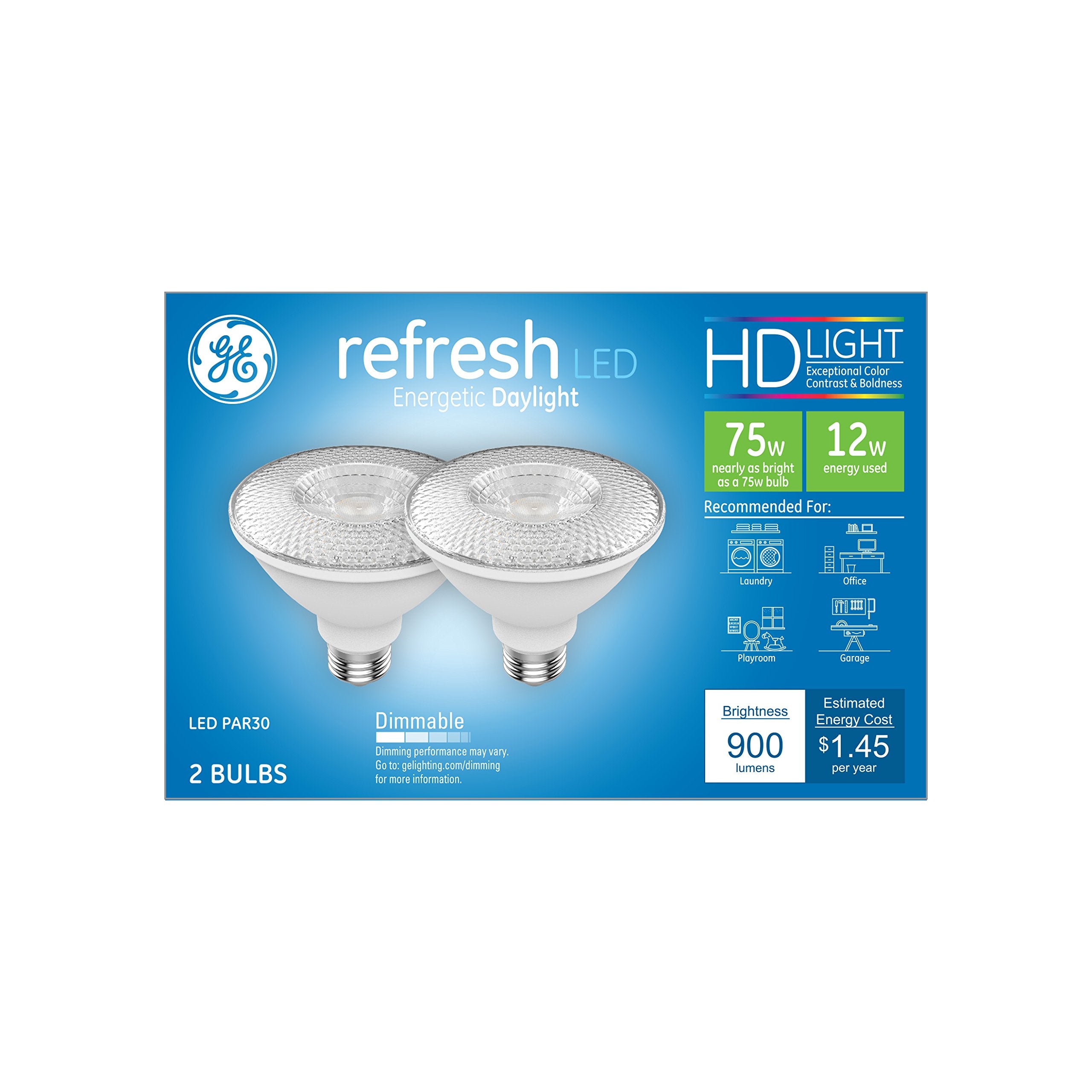 GE Lighting, GE Refresh HD Flood Light LED Dimmable, PAR38 LED Flood Light (75 Watt Replacement LED Bulbs), 900 Lumen, Medium Base Light Bulbs, Daylight, 2-Pack LED Floodlights, Title 20 Compliant