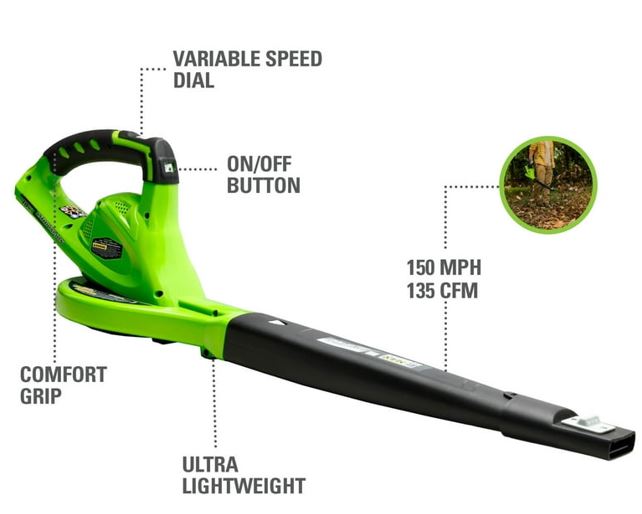 Greenworks, Greenworks 40V 135 CFM Souffleuse/balayeuse de feuilles sans fil, batterie non incluse, 24282 (Remis à neuf).