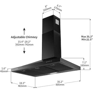 L'île, Hotte de cuisinière Island 36 po 450 PCM à bouton-poussoir avec éclairage DEL en noir