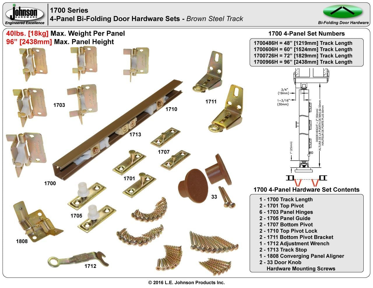 Johnson Hardware, Johnson Hardware Bifold 60" 1700 Closet Door Hardware