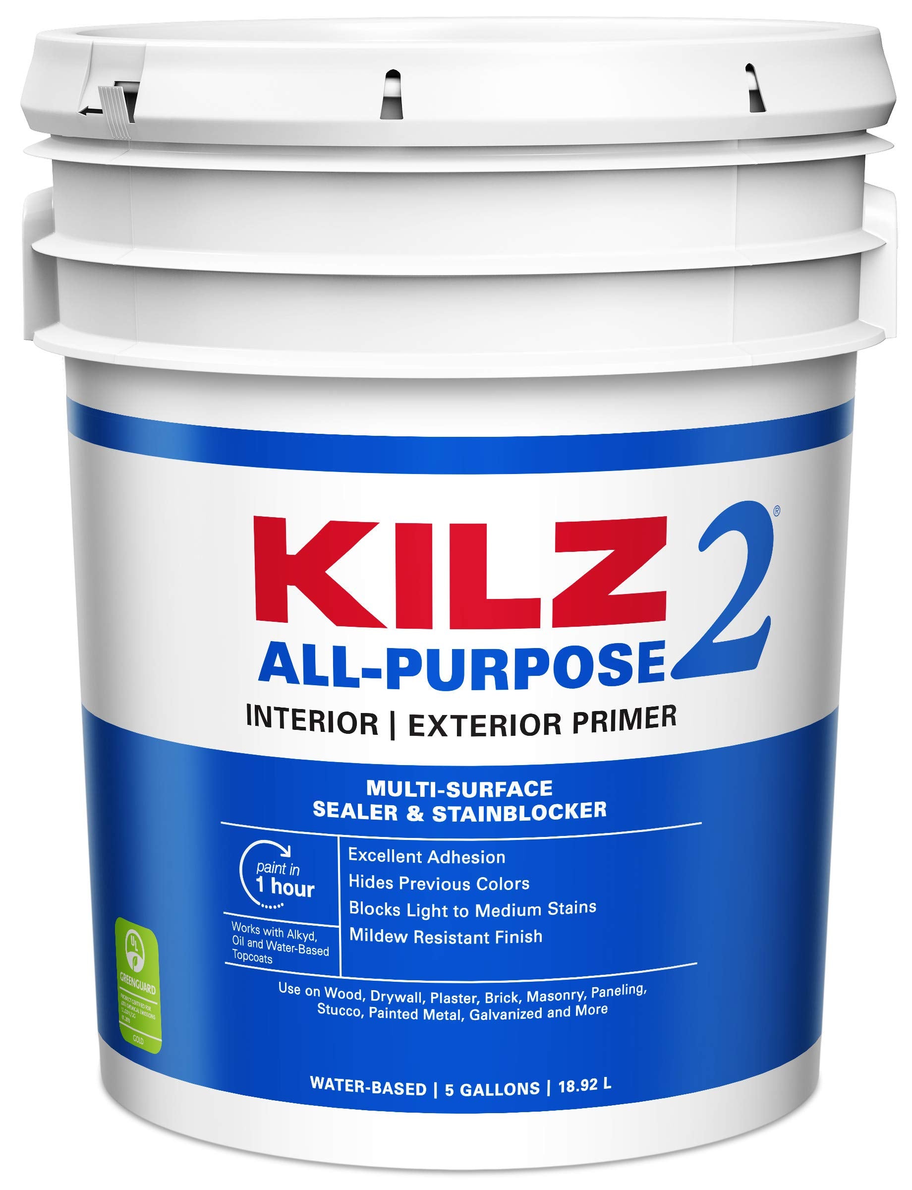 Masterchem Industries, KILZ 2 Multi-Surface Stain Blocking Interior/Exterior Latex Primer/Sealer, White, 5 gallon