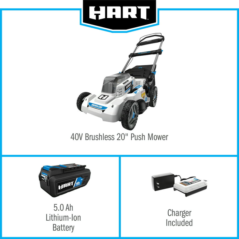 HART, Kit de tondeuse poussée HART 40 volts sans fil et sans balais 20 pouces, (1) batterie au lithium-ion 5,0 Ah, (1) chargeur de batterie (Remis à neuf)