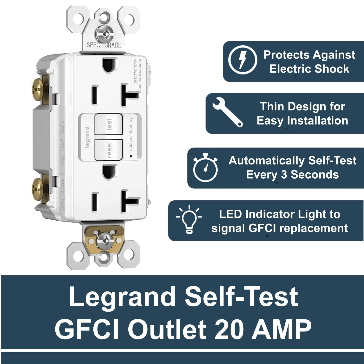 Pass & Seymour, Prise DDFT Legrand radiant autotest, 20 Amp, sans danger pour les enfants, prises inviolables, blanc, 2097TRWCCD12 (paquet de 3)