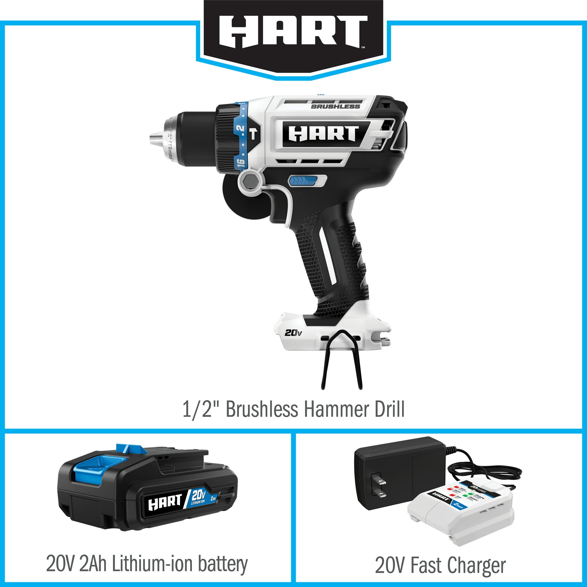 HART, (Restauré) HART 20-Volt Brushless 1/2 Inch Hammer Drill Kit (Refurbished)