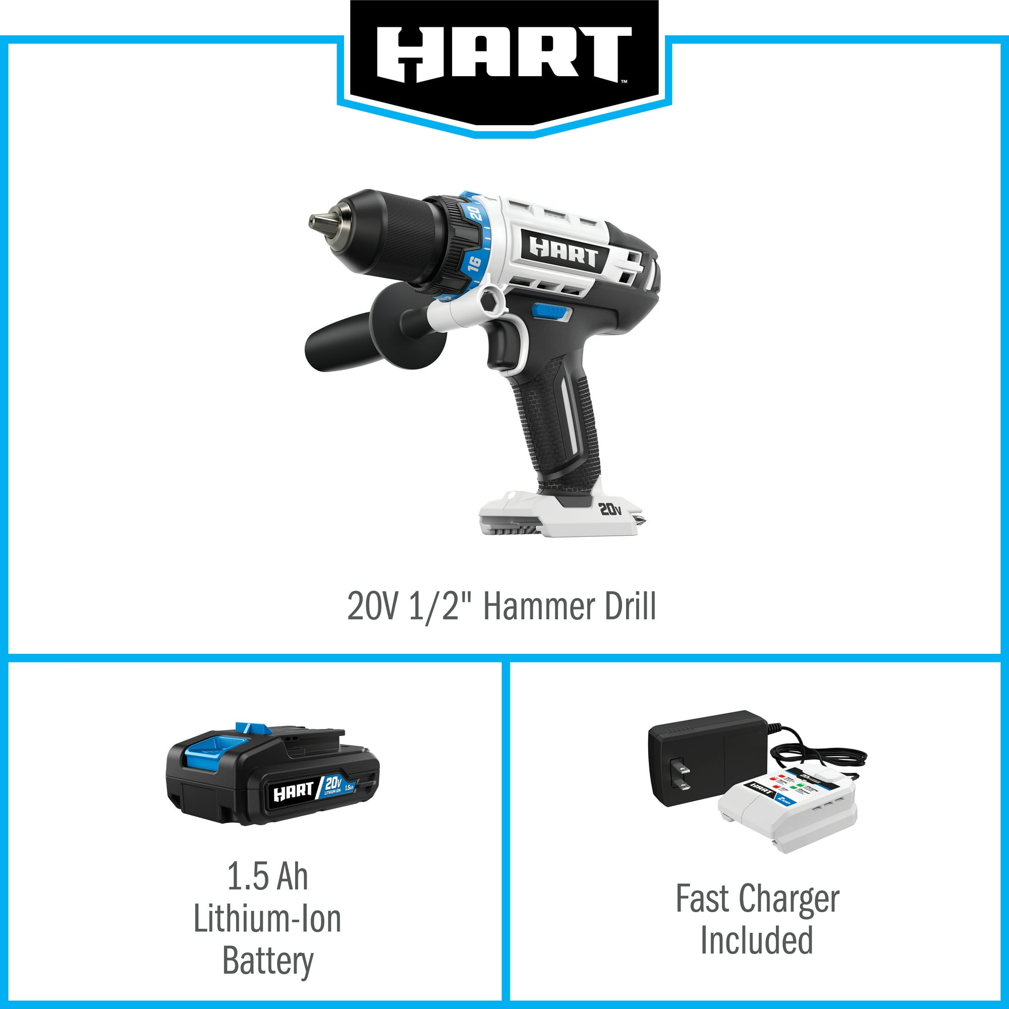 HART, (Restauré) HART 20-Volt Cordless 1/2-inch Hammer Drill Kit (1) 1.5Ah Lithium-Ion Battery (Refurbished)