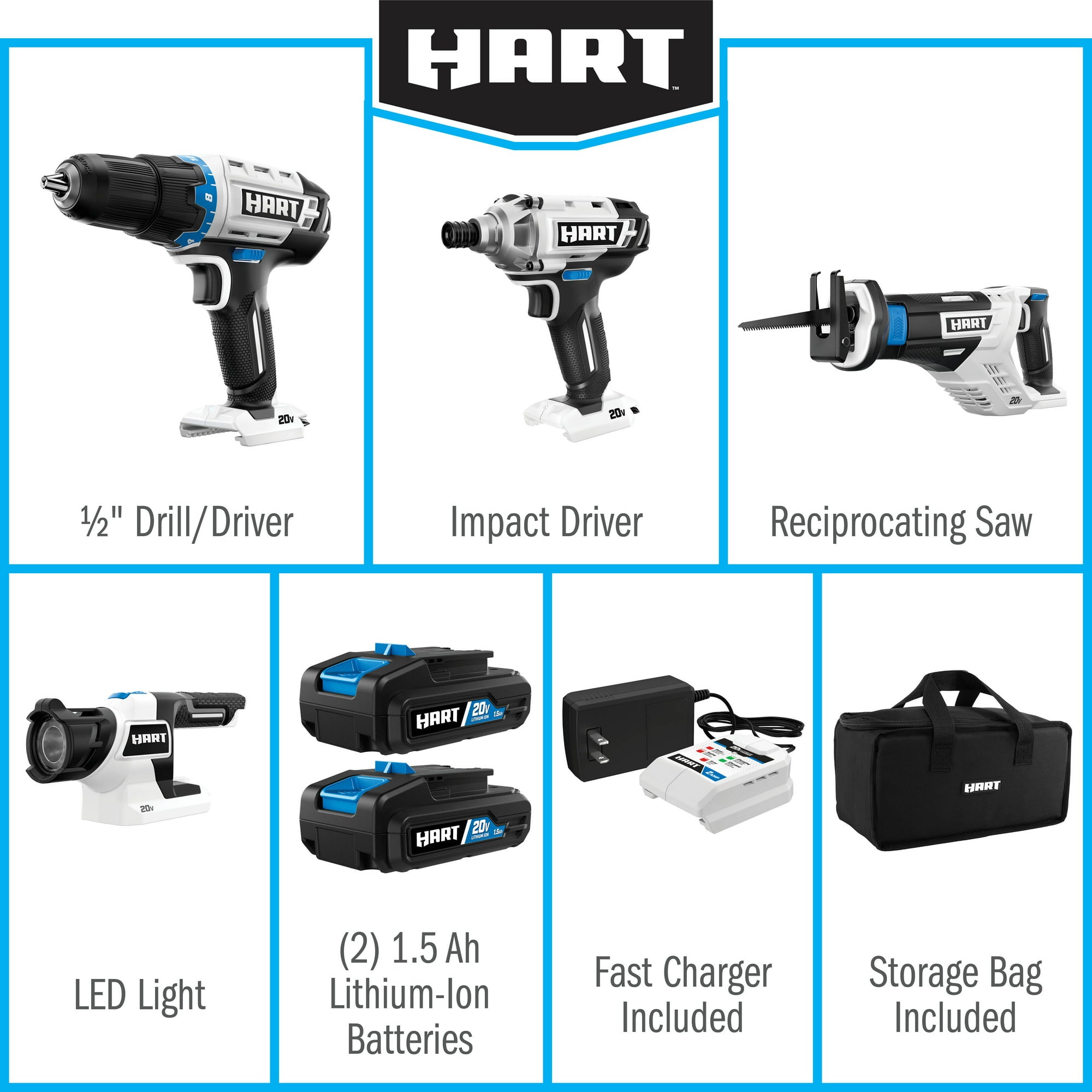 HART, (Restauré) HART 20-Volt Cordless 4-Tool Combo Kit with 16-inch Storage Bag, (2) 20-Volt 1.5Ah Lithium-Ion Battery (Refurbished)