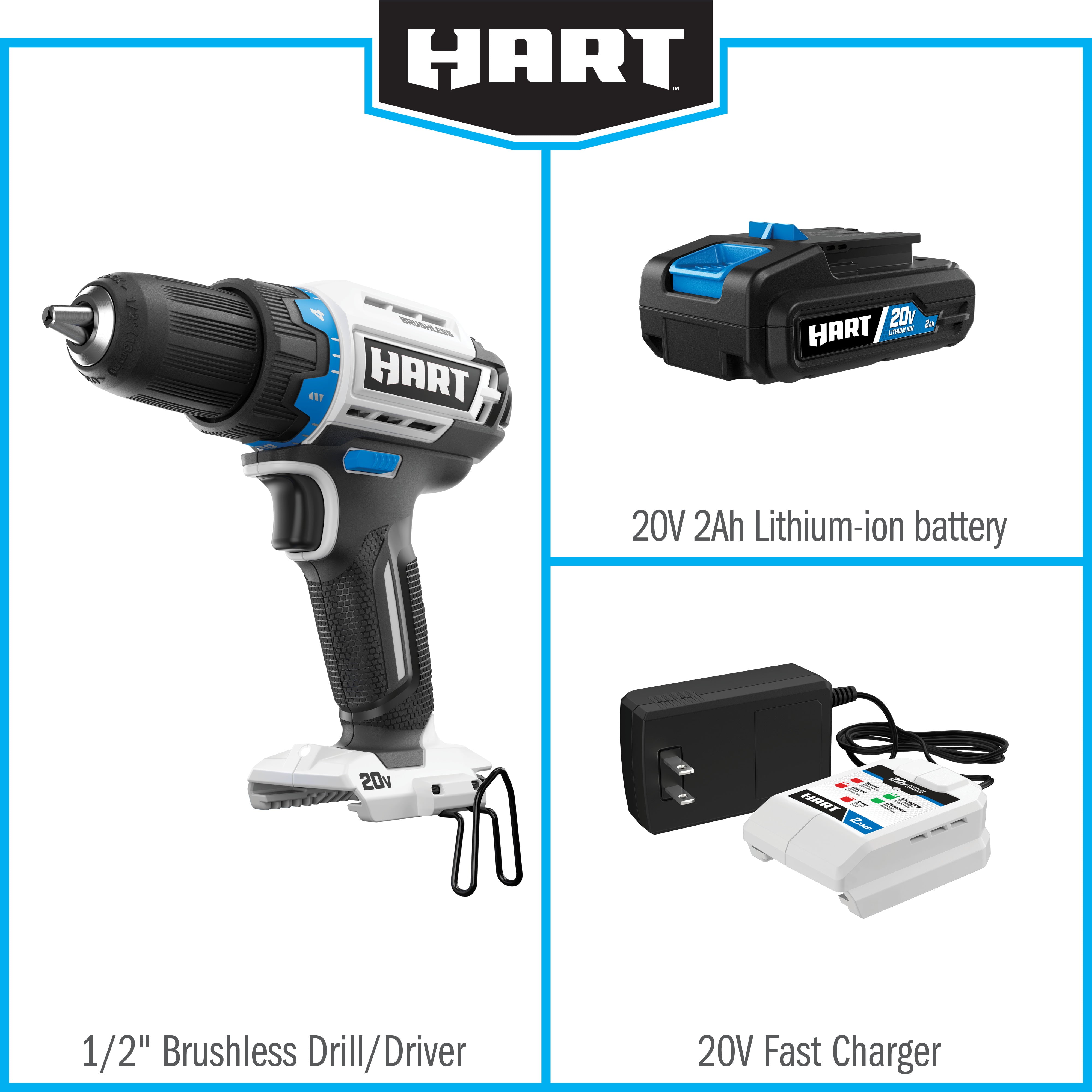 HART, (Restauré) HART 20-Volt Cordless Brushless 1/2-inch Drill/Driver Kit and 10-inch Storage Bag (1) 2Ah Lithium-Ion Battery (Refurbished)