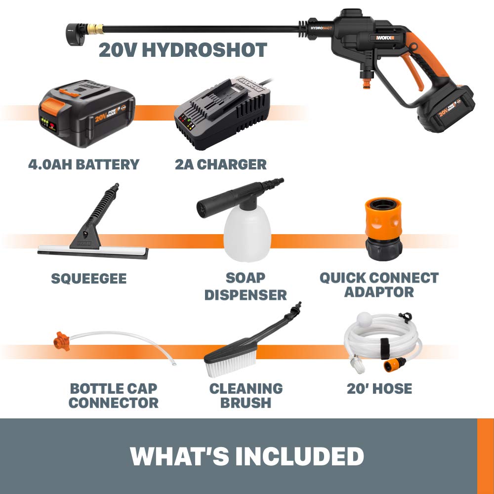 Worx, Restauré Scratch and Dent Worx Hydroshot 20V Power Share 4.0Ah 320 PSI Cordless Portable Power Cleaner with/Cleaning Accessories - WG620.1 (Battery & Charger Included) (Refurbished)