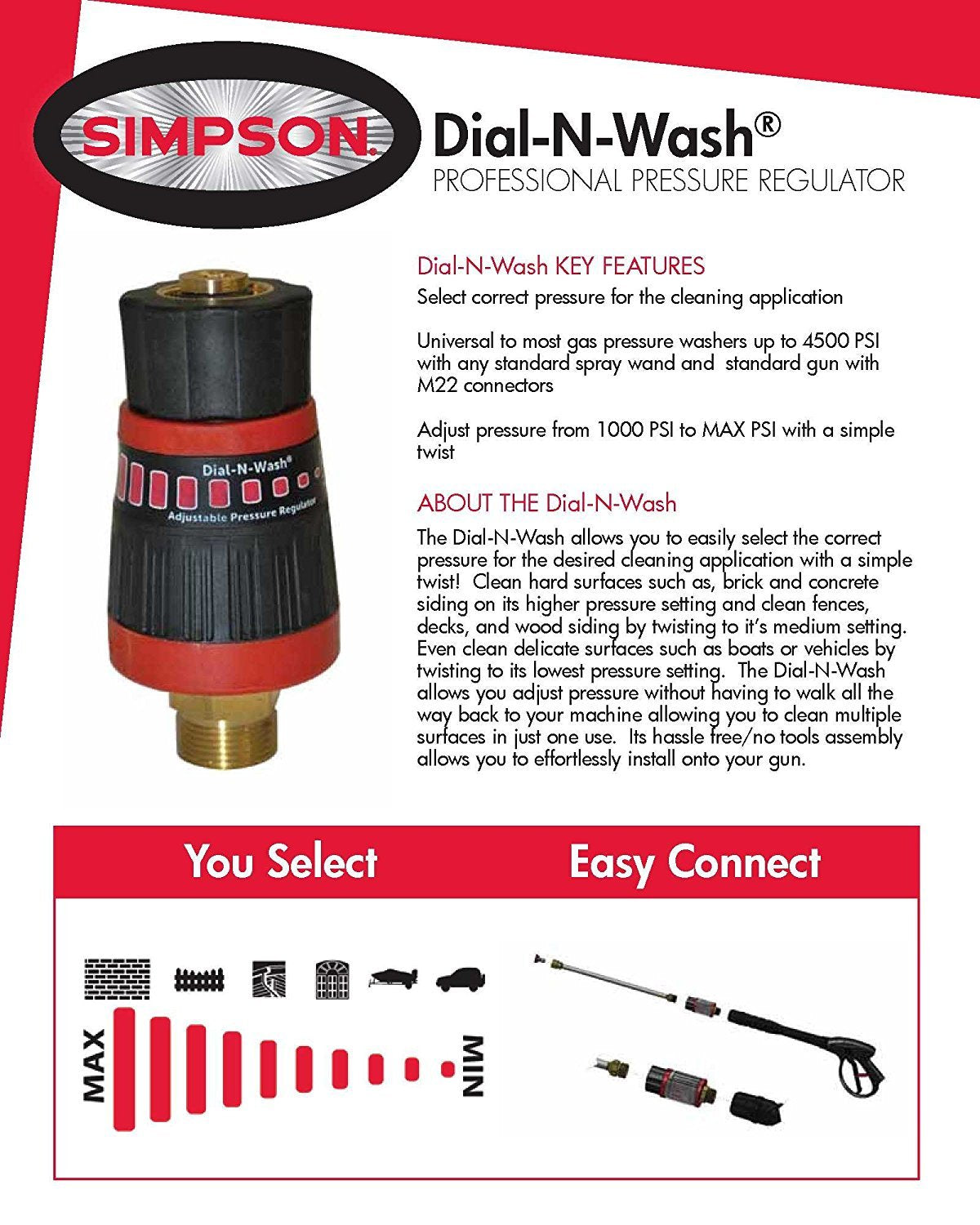 Simpson, SIMPSON Cleaning Dial-N-Wash Régulateur de pression réglable 4500 PSI