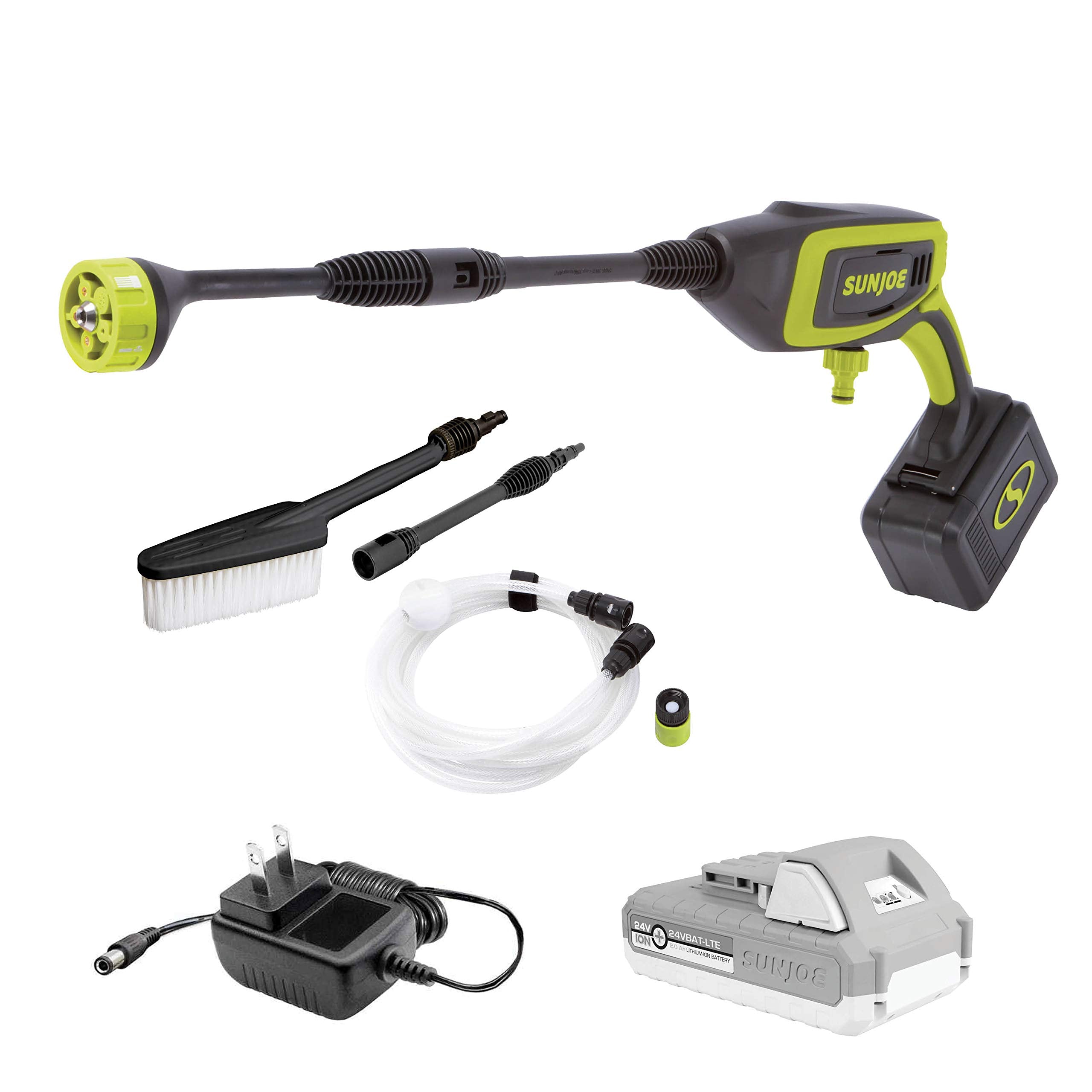 Sun Joe, Sun Joe 24V-PP350-LTE 24-Volt iON+ Power Cleaner Kit, Water Siphon Hose, Utility Brush, and more, Portable Cleaning On-The-Go, 350 PSI Max, 0.6 GPM Max, Kit (w/ 2.0-Ah Battery & Charger)