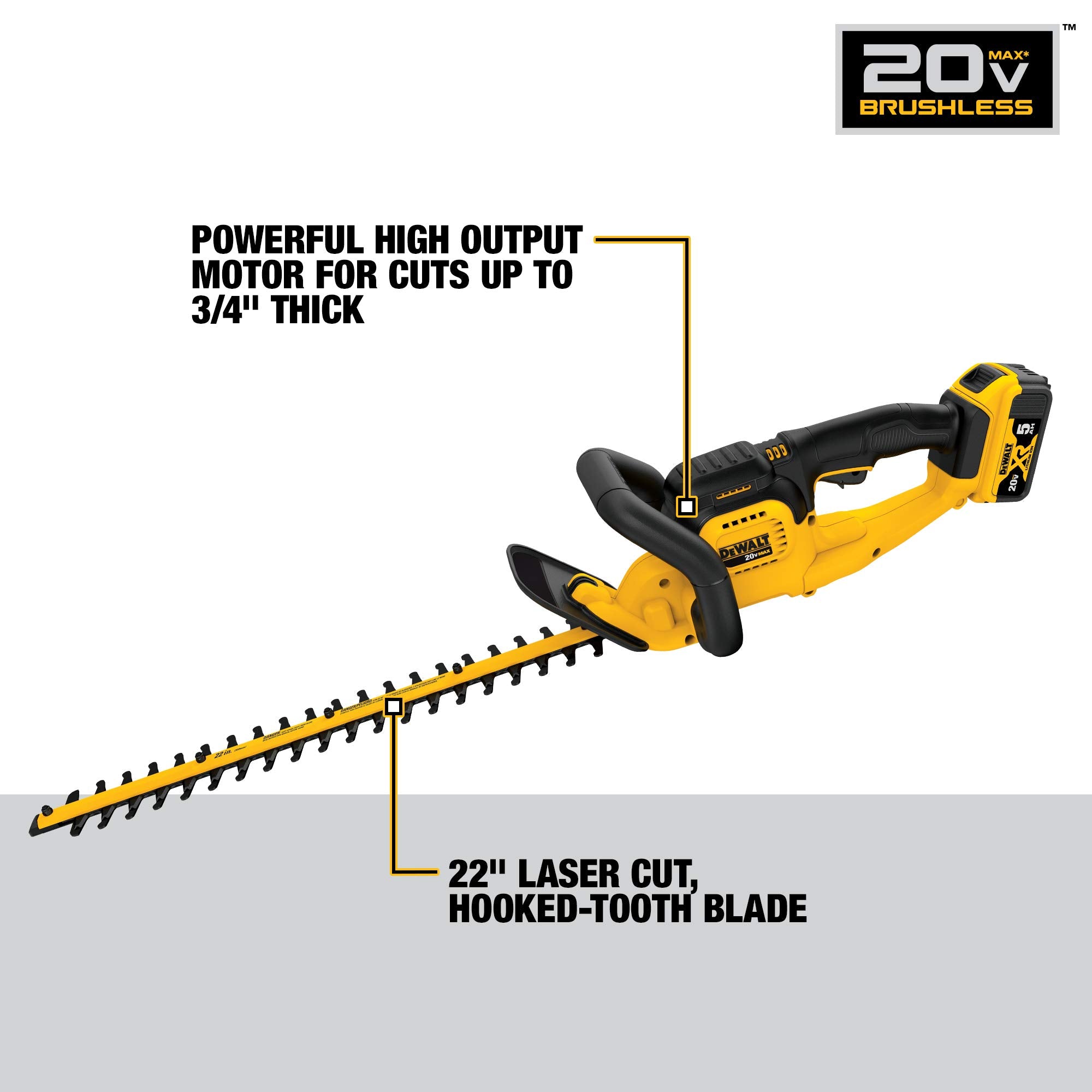 DEWALT, Taille-haie sans fil DEWALT 20V MAX*, 5.0 Ah, 22 pouces (DCHT820P1)