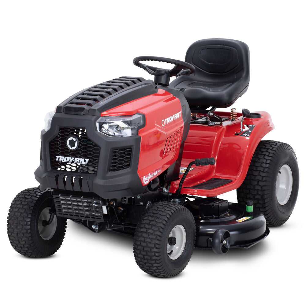 Troy-bilt, Troy-Bilt Bronco 46B, plateau de coupe de 46 po, moteur Briggs and Stratton de 17,5 HP, entraînement automatique. Deck, 17.5 HP Briggs and Stratton Engine, Automatic Drive Gas Riding Lawn Tractor